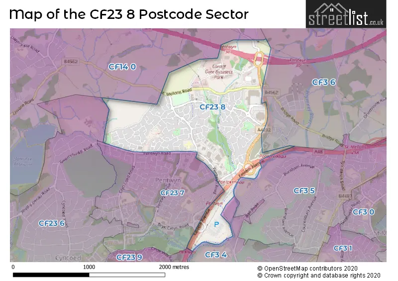 Map of the CF23 8 and surrounding postcode sector