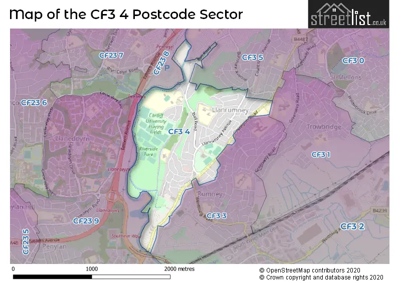Map of the CF3 4 and surrounding postcode sector
