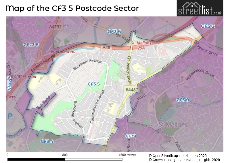 Map of the CF3 5 and surrounding postcode sector
