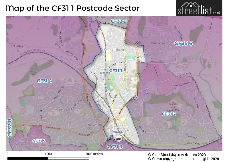 Map of the CF31 1 and surrounding postcode sector