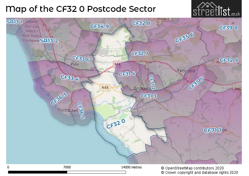 Map of the CF32 0 and surrounding postcode sector