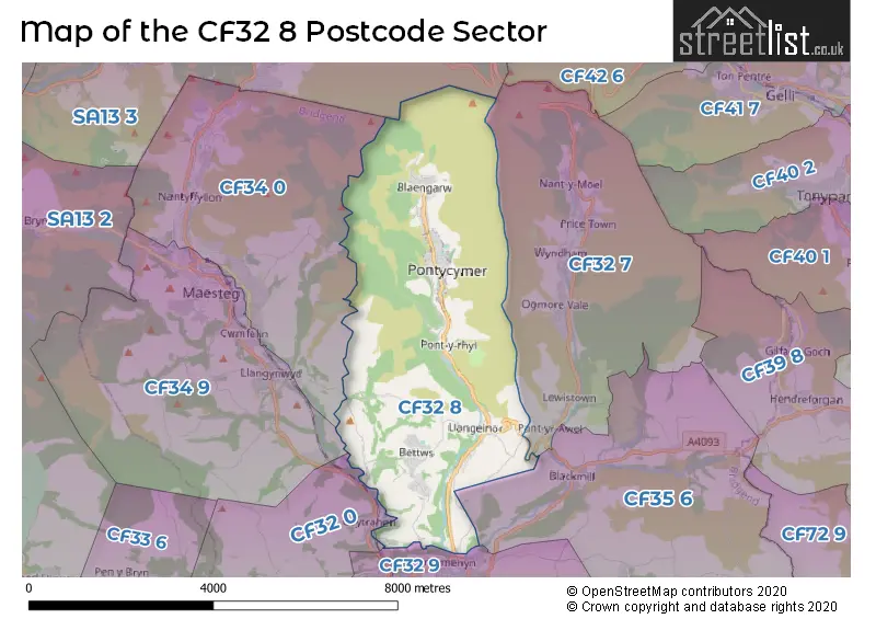 Map of the CF32 8 and surrounding postcode sector