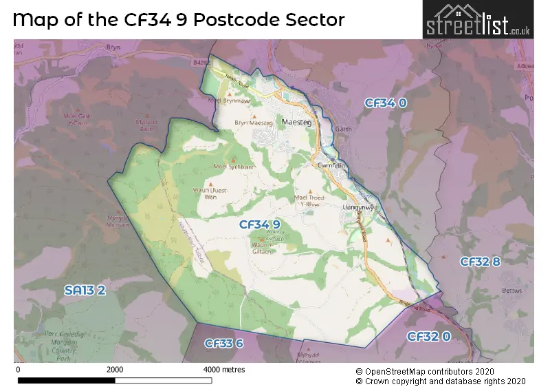 Map of the CF34 9 and surrounding postcode sector