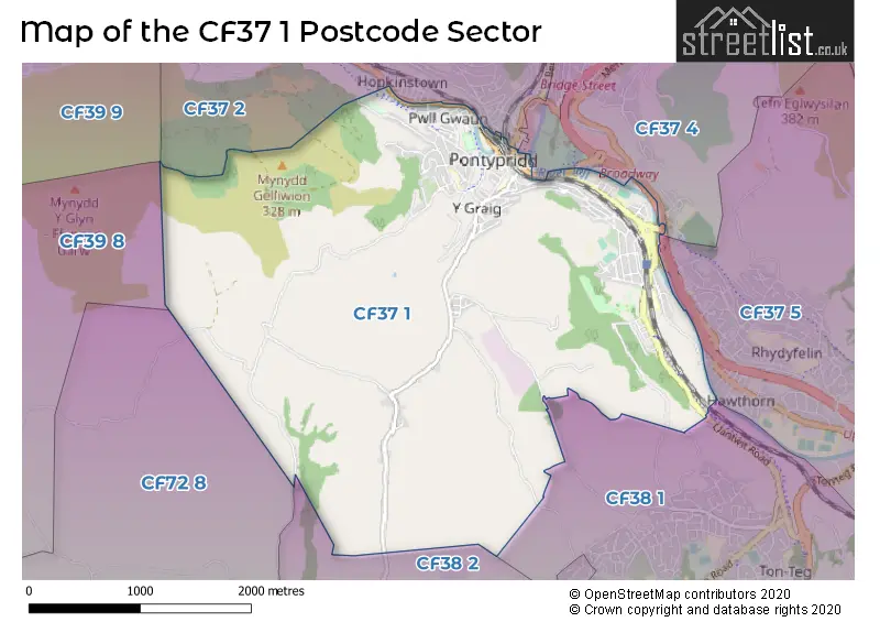 Map of the CF37 1 and surrounding postcode sector