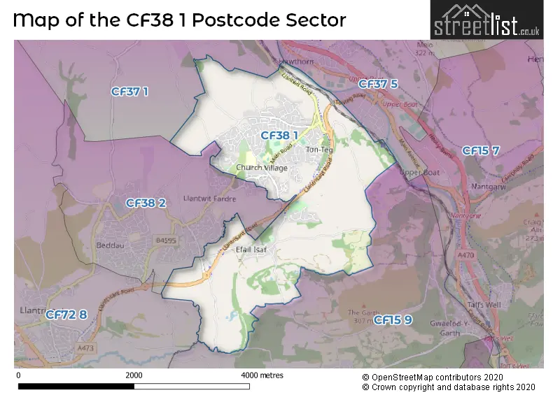 Map of the CF38 1 and surrounding postcode sector