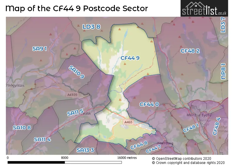 Map of the CF44 9 and surrounding postcode sector