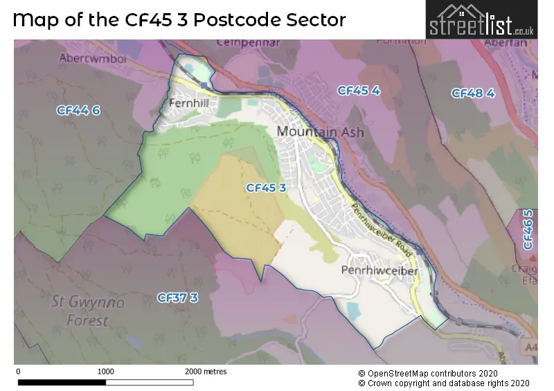 Map of the CF45 3 and surrounding postcode sector