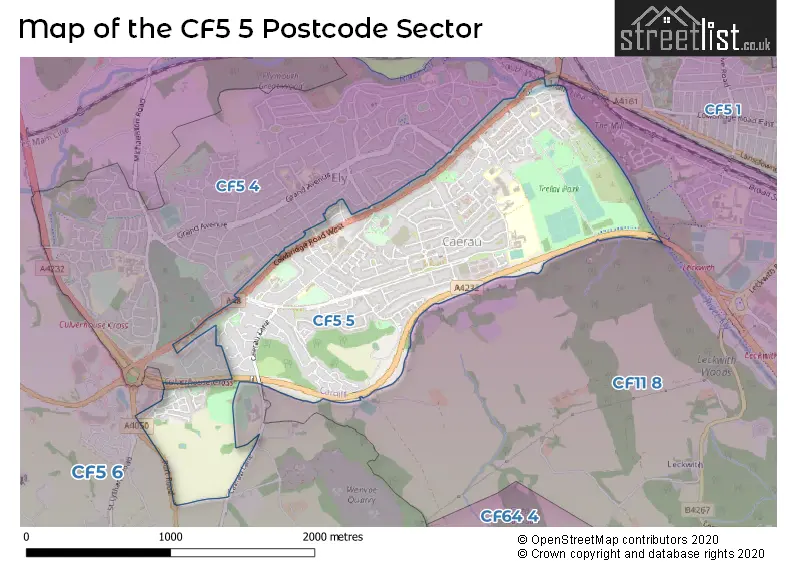 Map of the CF5 5 and surrounding postcode sector