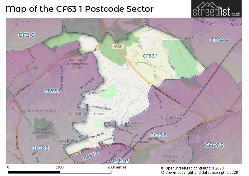 Map of the CF63 1 and surrounding postcode sector