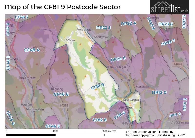 Map of the CF81 9 and surrounding postcode sector