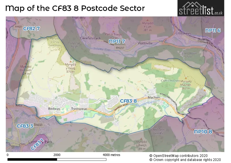 Map of the CF83 8 and surrounding postcode sector
