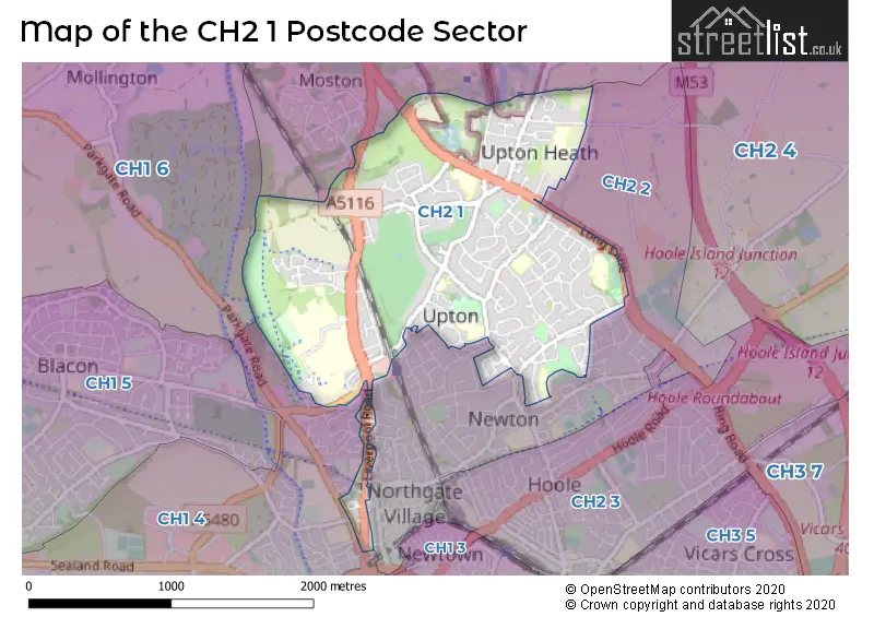 Map of the CH2 1 and surrounding postcode sector