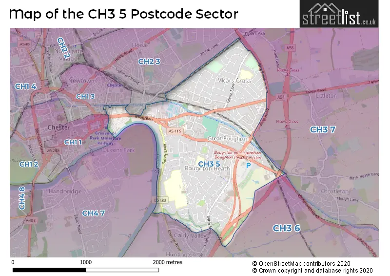 Map of the CH3 5 and surrounding postcode sector