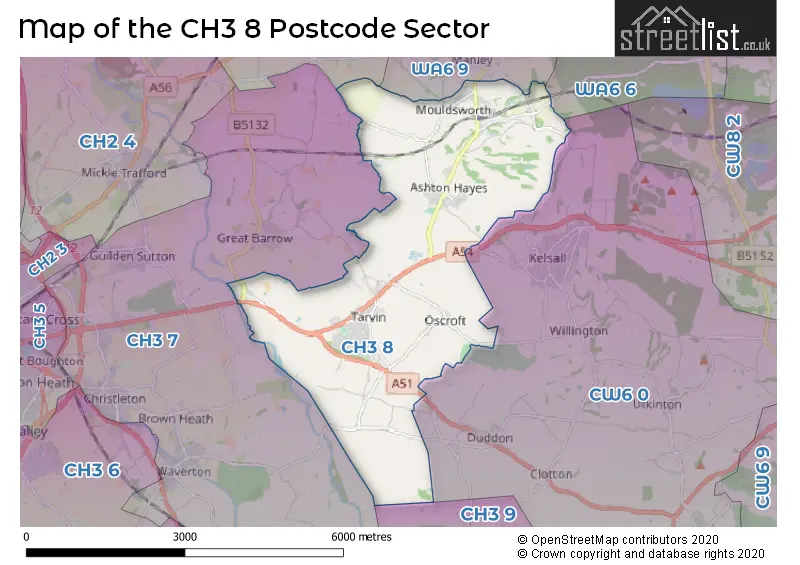 Map of the CH3 8 and surrounding postcode sector