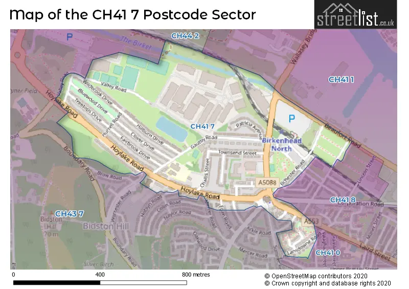 Map of the CH41 7 and surrounding postcode sector