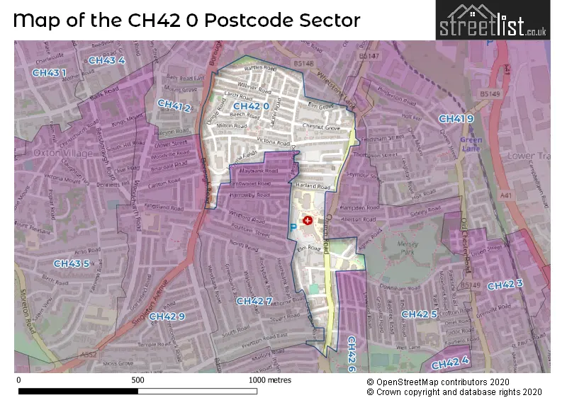 Map of the CH42 0 and surrounding postcode sector