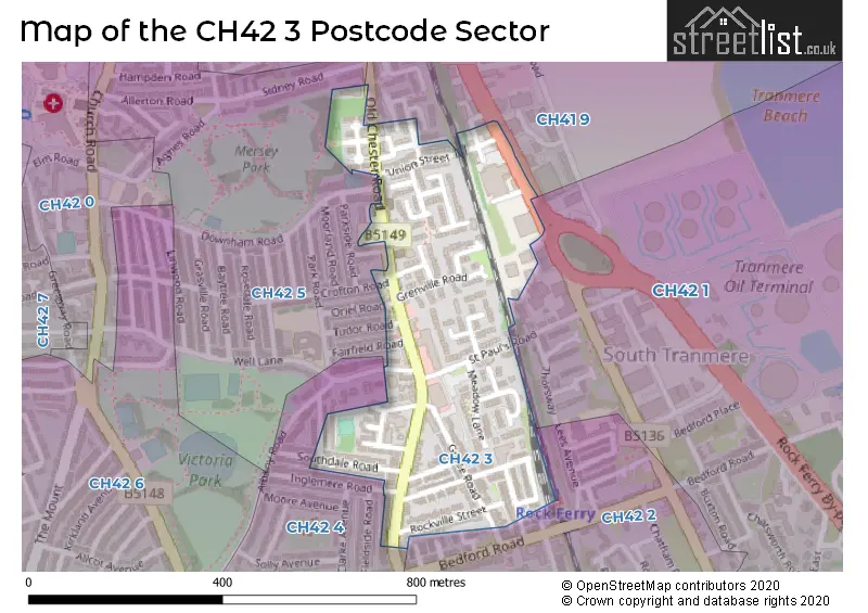 Map of the CH42 3 and surrounding postcode sector