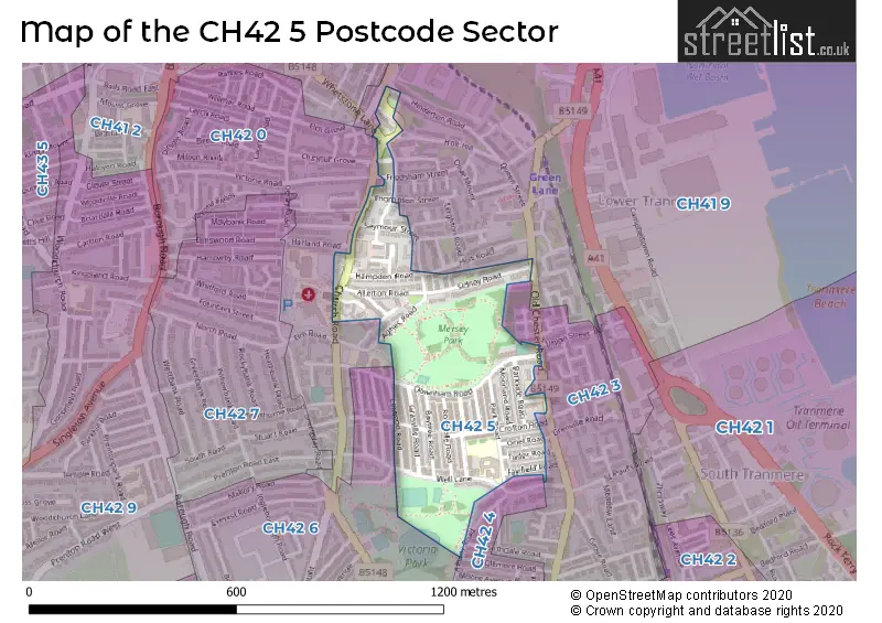 Map of the CH42 5 and surrounding postcode sector