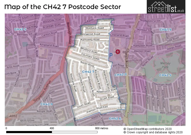 Map of the CH42 7 and surrounding postcode sector