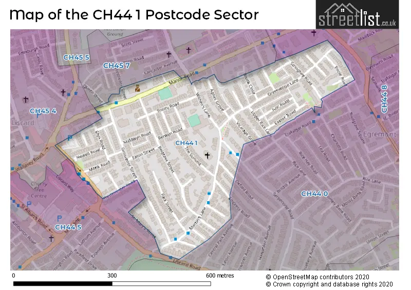 Map of the CH44 1 and surrounding postcode sector