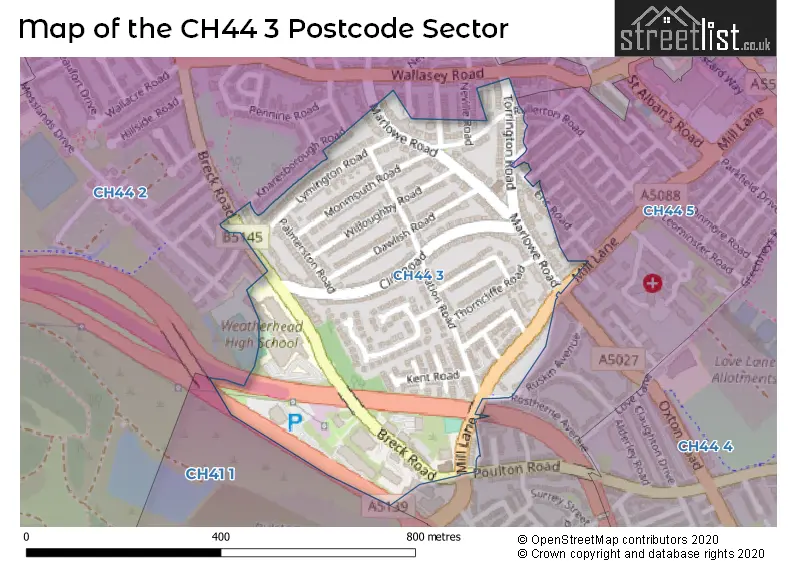 Map of the CH44 3 and surrounding postcode sector
