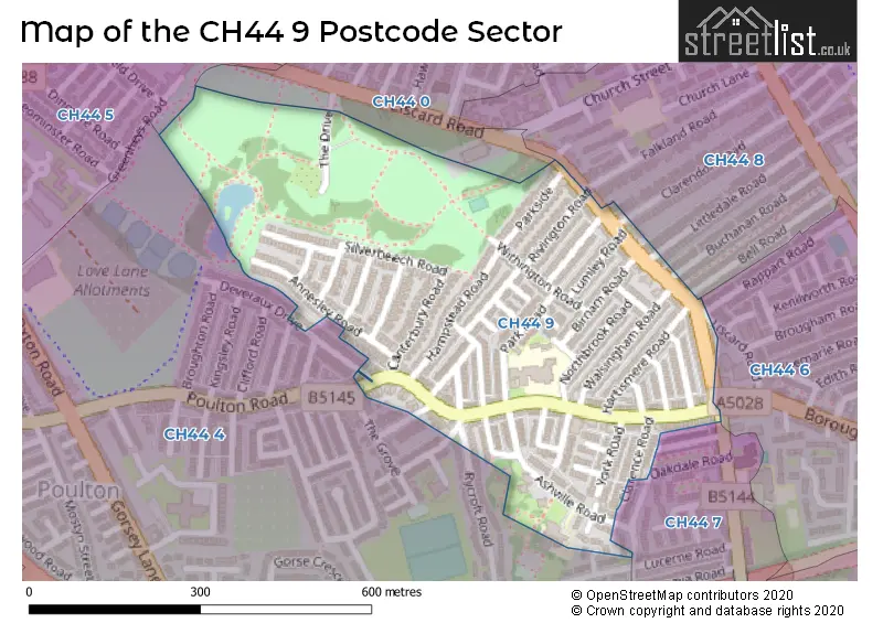 Map of the CH44 9 and surrounding postcode sector