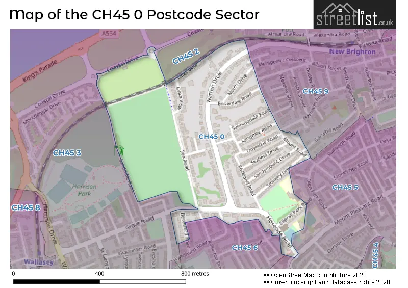 Map of the CH45 0 and surrounding postcode sector
