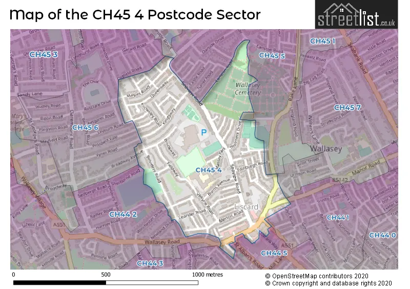 Map of the CH45 4 and surrounding postcode sector