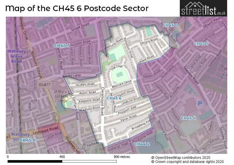 Map of the CH45 6 and surrounding postcode sector