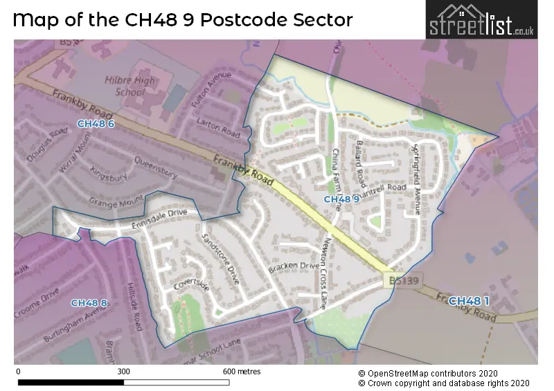 Map of the CH48 9 and surrounding postcode sector