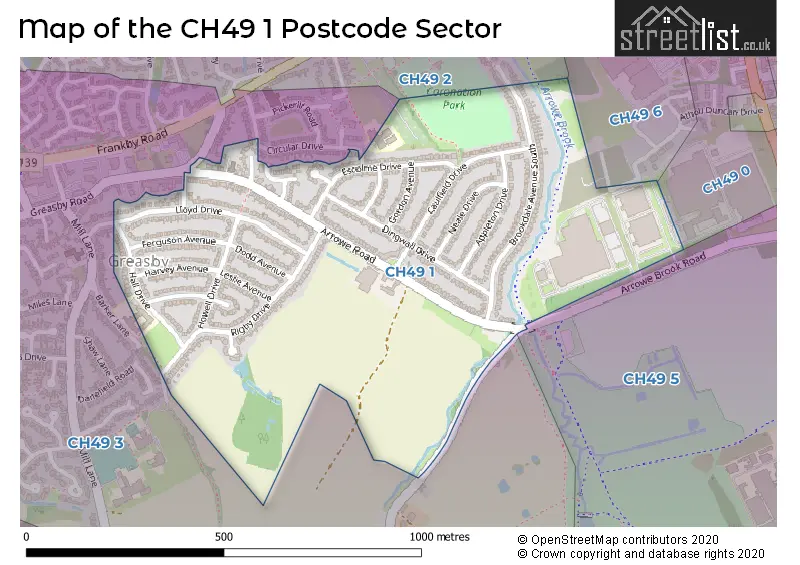 Map of the CH49 1 and surrounding postcode sector