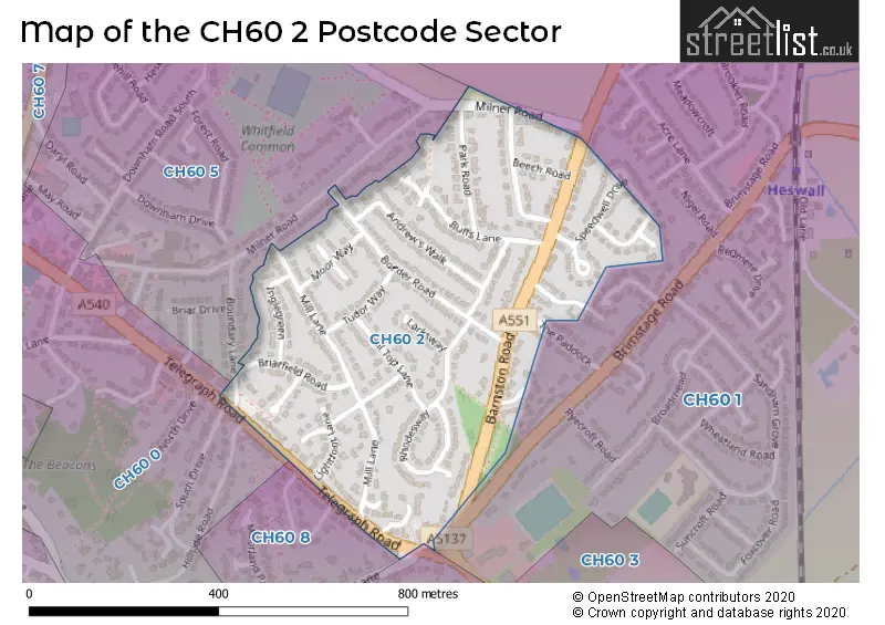 Map of the CH60 2 and surrounding postcode sector
