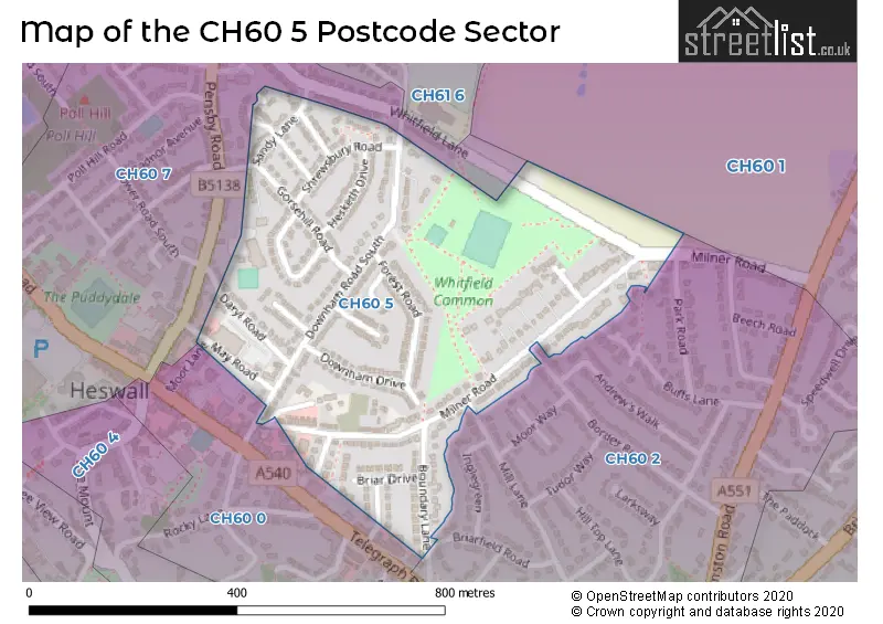 Map of the CH60 5 and surrounding postcode sector