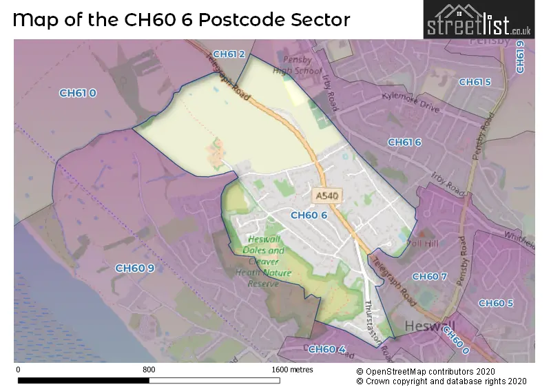 Map of the CH60 6 and surrounding postcode sector