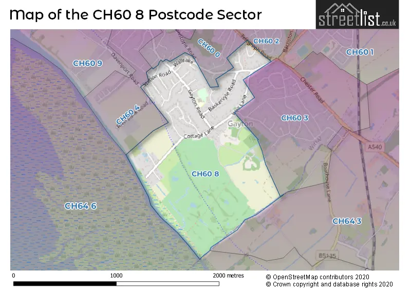 Map of the CH60 8 and surrounding postcode sector