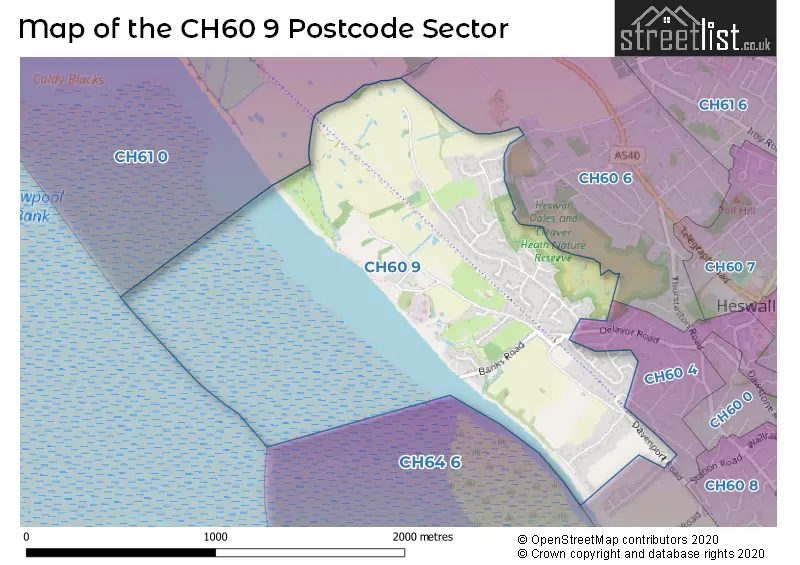 Map of the CH60 9 and surrounding postcode sector
