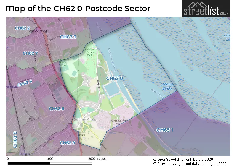 Map of the CH62 0 and surrounding postcode sector