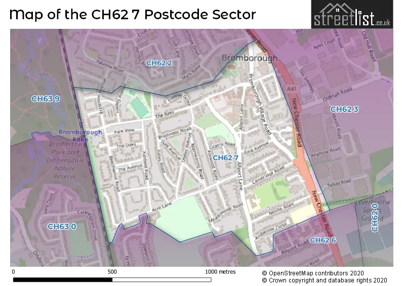 Map of the CH62 7 and surrounding postcode sector