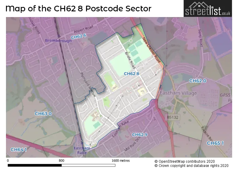 Map of the CH62 8 and surrounding postcode sector