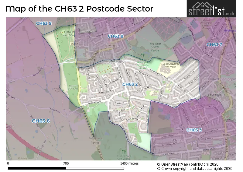 Map of the CH63 2 and surrounding postcode sector