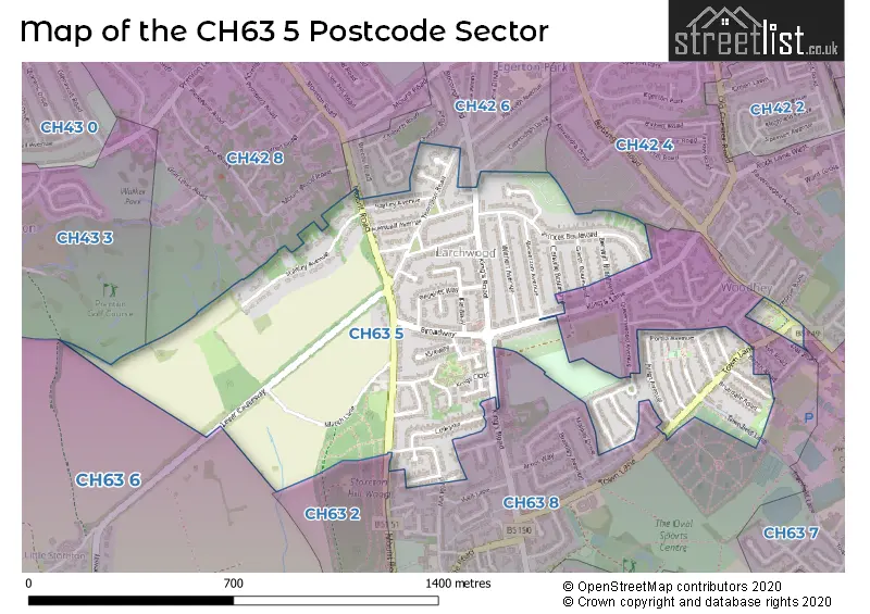Map of the CH63 5 and surrounding postcode sector