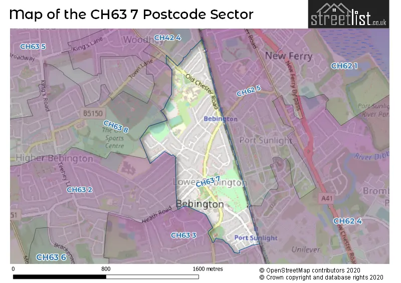 Map of the CH63 7 and surrounding postcode sector
