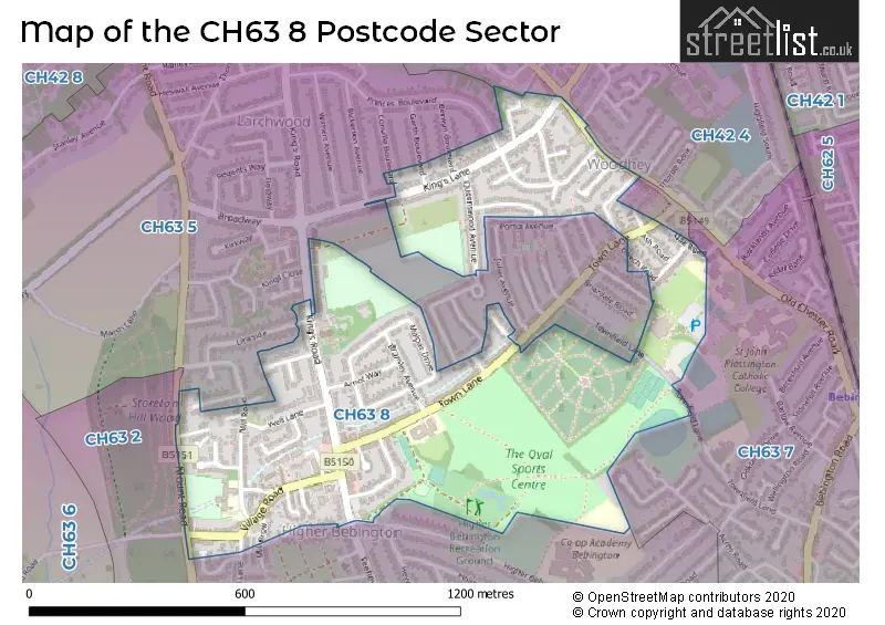 Map of the CH63 8 and surrounding postcode sector