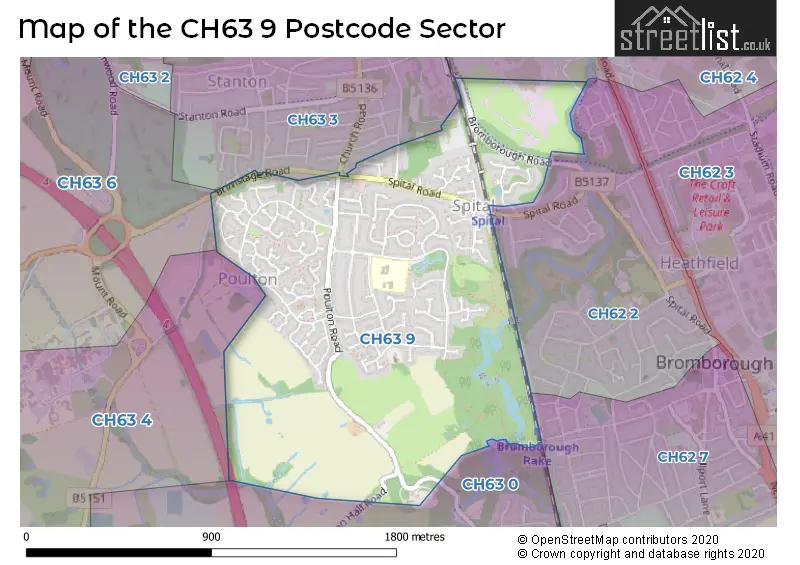 Map of the CH63 9 and surrounding postcode sector