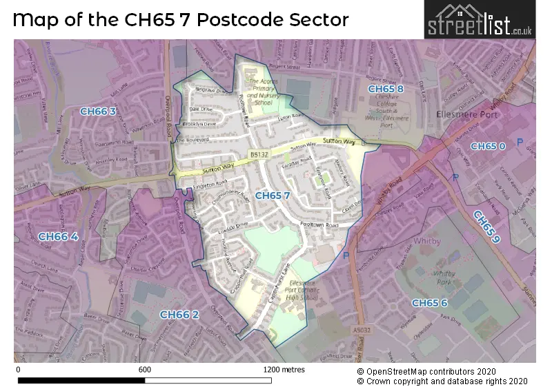 Map of the CH65 7 and surrounding postcode sector