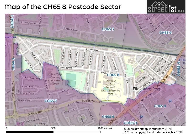 Map of the CH65 8 and surrounding postcode sector