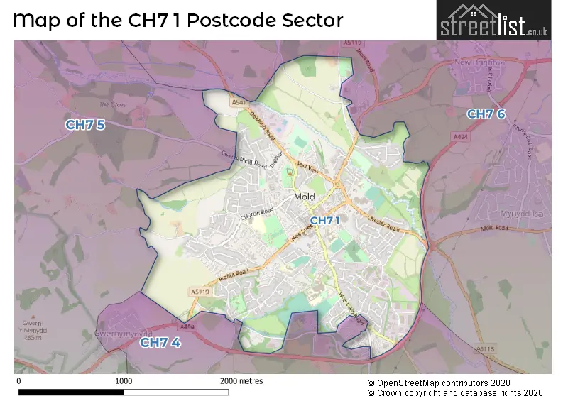 Map of the CH7 1 and surrounding postcode sector