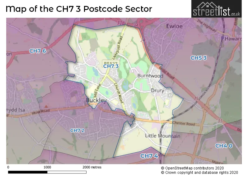 Map of the CH7 3 and surrounding postcode sector