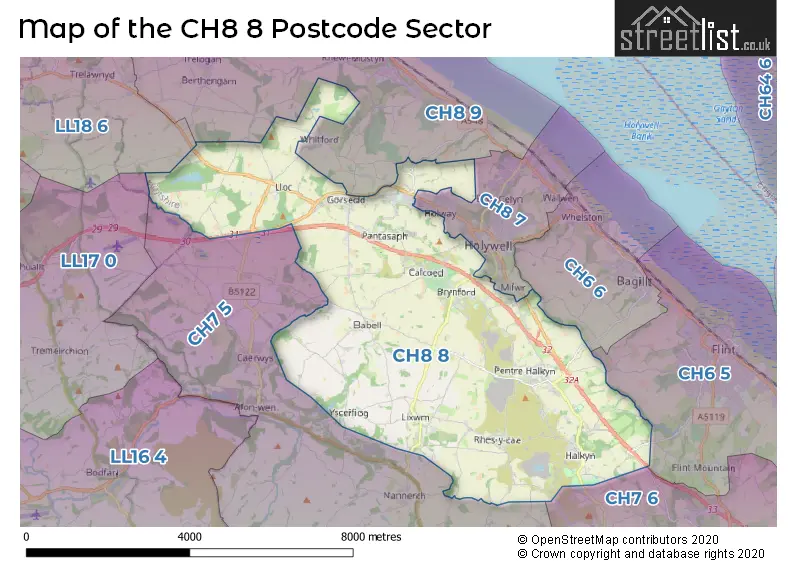 Map of the CH8 8 and surrounding postcode sector