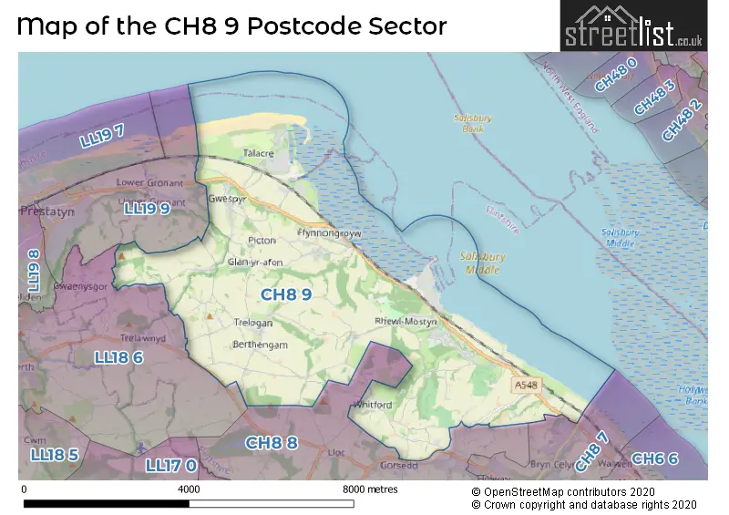 Map of the CH8 9 and surrounding postcode sector